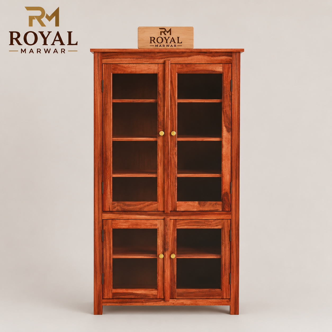 Royal Marwar Solid Sheesham Wood Crockery Cabinet | 4 Acrylic Glass Doors & 6 Shelves | Bookcase Display Cabinet