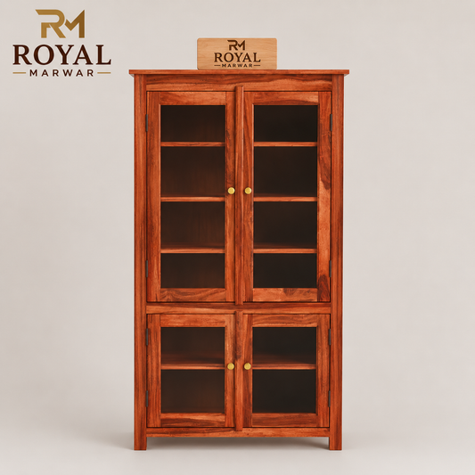 Solid Sheesham Wood Kitchen Cabinet with Glass Doors & Drawer