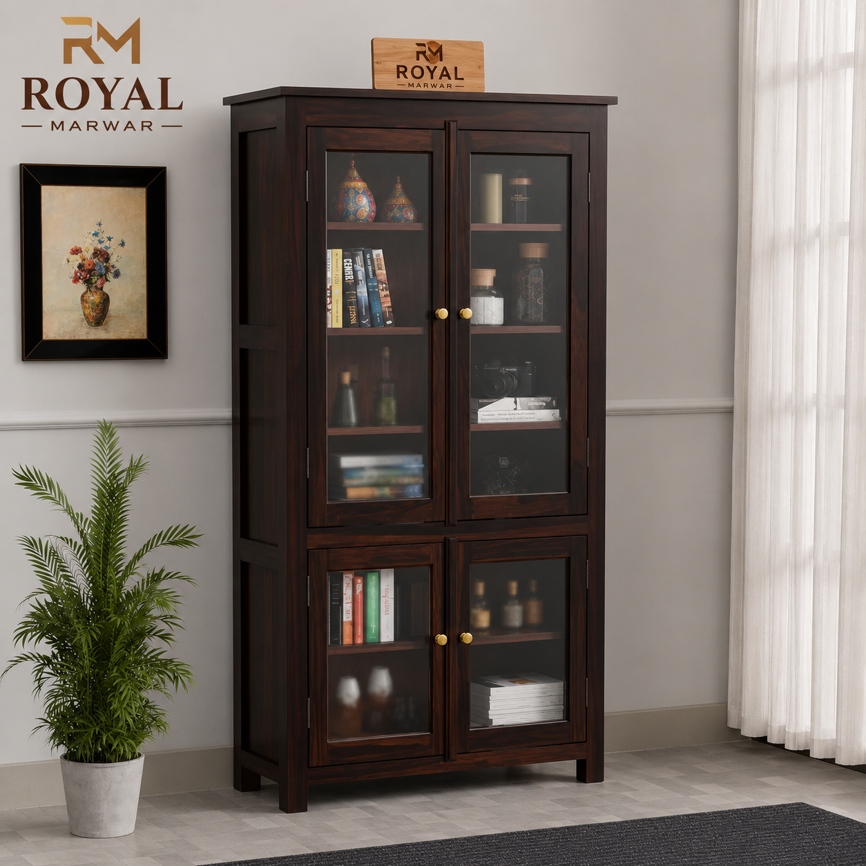 Royal Marwar Solid Sheesham Wood Crockery Cabinet | 4 Acrylic Glass Doors & 6 Shelves | Bookcase Display Cabinet