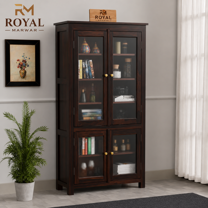 Royal Marwar Solid Sheesham Wood Crockery Cabinet | 4 Acrylic Glass Doors & 6 Shelves | Bookcase Display Cabinet