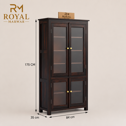 Royal Marwar Solid Sheesham Wood Crockery Cabinet | 4 Acrylic Glass Doors & 6 Shelves | Bookcase Display Cabinet