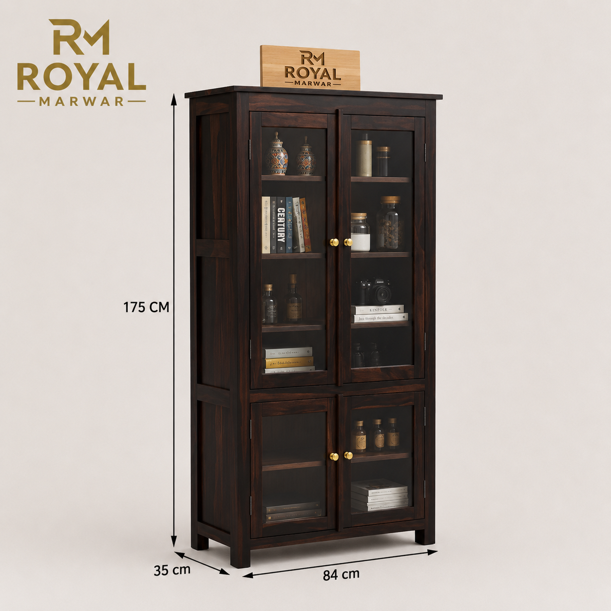 Royal Marwar Solid Sheesham Wood Crockery Cabinet | 4 Acrylic Glass Doors & 6 Shelves | Bookcase Display Cabinet