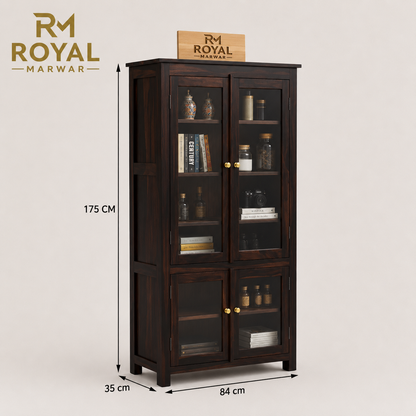 Royal Marwar Solid Sheesham Wood Crockery Cabinet | 4 Acrylic Glass Doors & 6 Shelves | Bookcase Display Cabinet