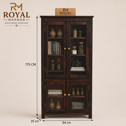 Solid Sheesham Wood Kitchen Cabinet with Glass Doors & Drawer