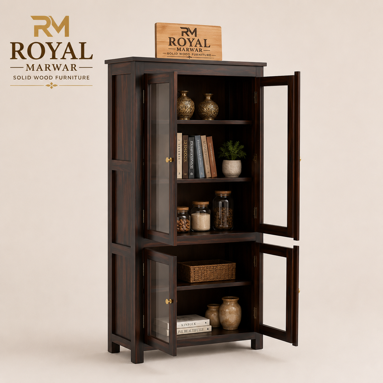 Solid Sheesham Wood Kitchen Cabinet with Glass Doors & Drawer