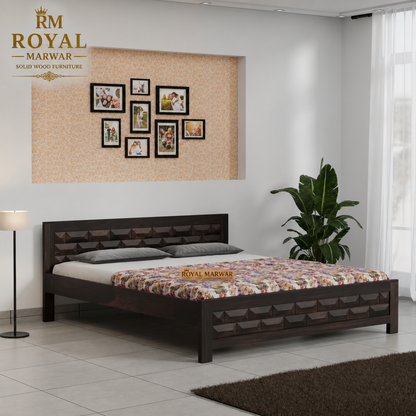 Premium Solid Wood King Size Bed with Artistic Geometric Panel Design