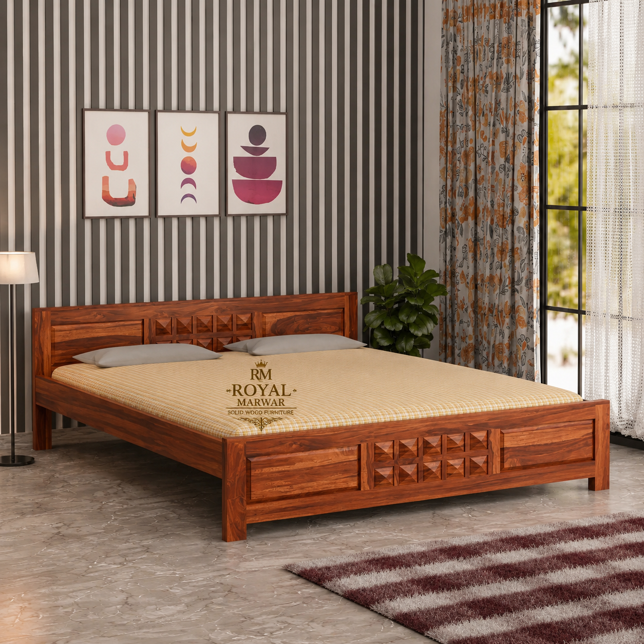 Royal Marwar Solid Sheesham Wood Bed Without Storage | Small Diamond Headboard Design | Palang Double Bed