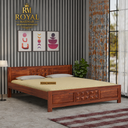 Premium Solid Wood King Size Bed with Artistic Geometric Block Design & Contemporary Wooden Finish