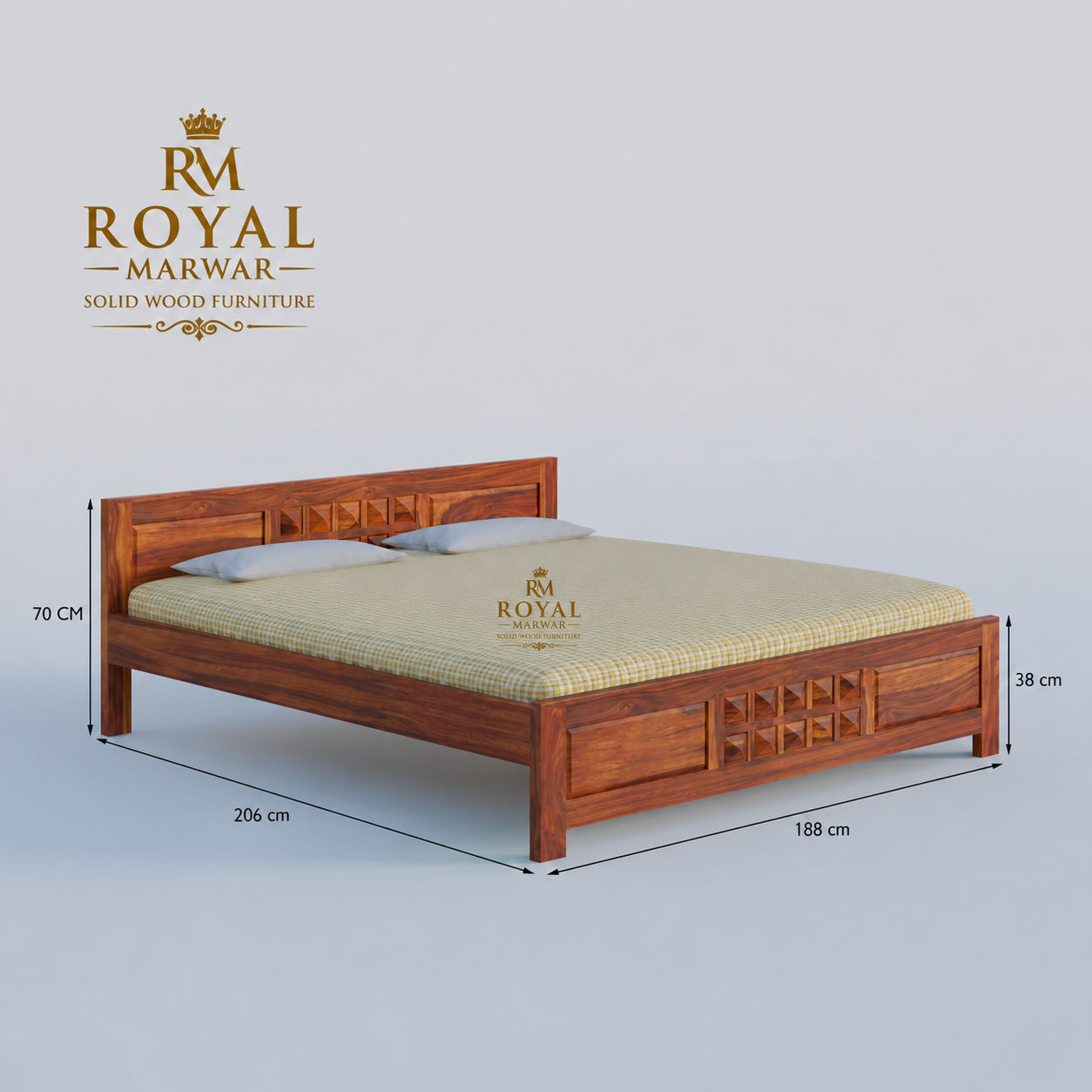Royal Marwar Solid Sheesham Wood Bed Without Storage | Small Diamond Headboard Design | Palang Double Bed