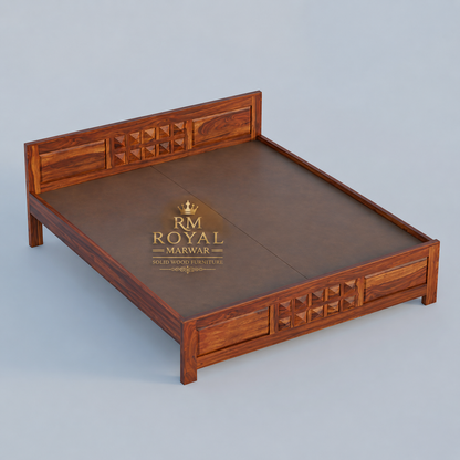 Royal Marwar Solid Sheesham Wood Bed Without Storage | Small Diamond Headboard Design | Palang Double Bed