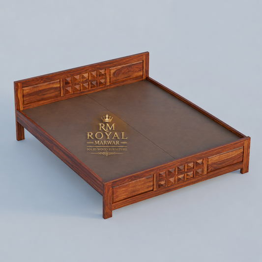 Royal Marwar Solid Sheesham Wood Bed Without Storage | Small Diamond Headboard Design | Palang Double Bed