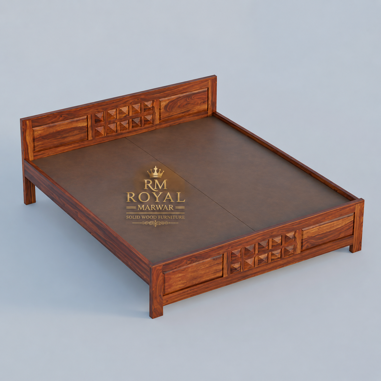 Premium Solid Wood King Size Bed with Artistic Geometric Block Design & Contemporary Wooden Finish