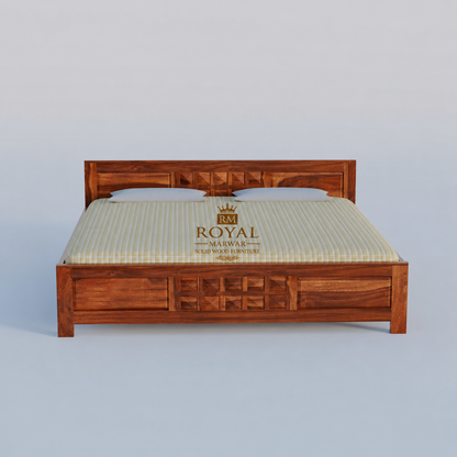 Premium Solid Wood King Size Bed with Artistic Geometric Block Design & Contemporary Wooden Finish
