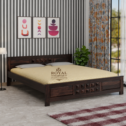 Premium Solid Wood King Size Bed with Artistic Geometric Block Design & Contemporary Wooden Finish