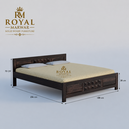 Royal Marwar Solid Sheesham Wood Bed Without Storage | Small Diamond Headboard Design | Palang Double Bed