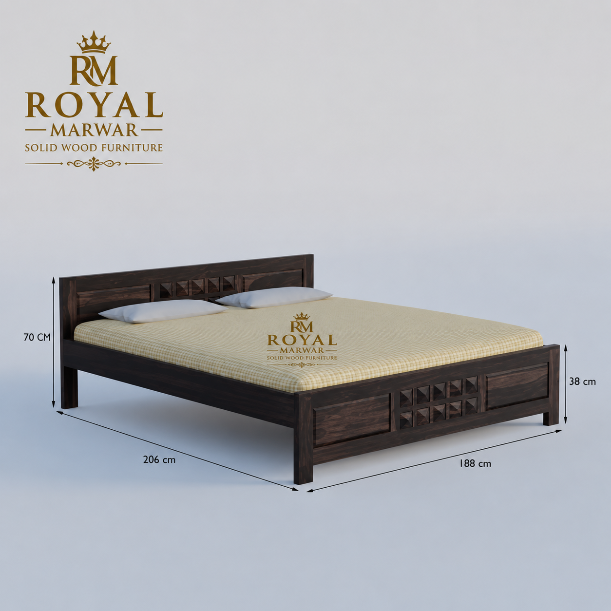 Premium Solid Wood King Size Bed with Artistic Geometric Block Design & Contemporary Wooden Finish