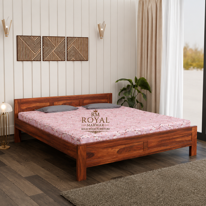 Royal Marwar Solid Sheesham Wood Bed Without Storage | Flat Panel Headboard Design | Palang Double Bed