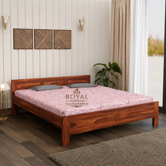 Royal Marwar Solid Sheesham Wood Bed Without Storage | Flat Panel Headboard Design | Palang Double Bed
