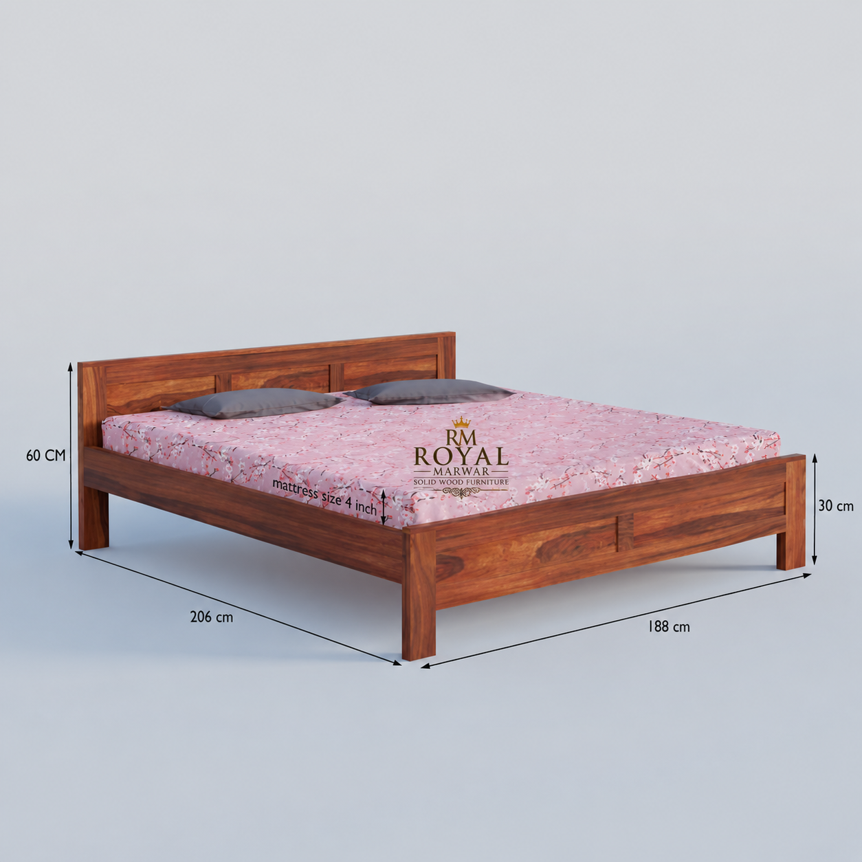 Royal Marwar Solid Sheesham Wood Bed Without Storage | Flat Panel Headboard Design | Palang Double Bed