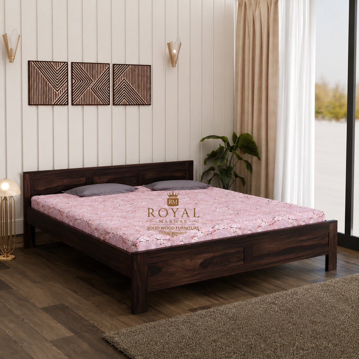 Royal Marwar Solid Sheesham Wood Bed Without Storage | Flat Panel Headboard Design | Palang Double Bed