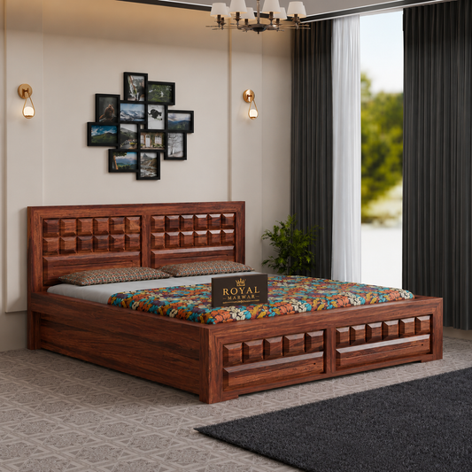 Royal Marwar Sheesham Wood Bed with Storage Box | Big Diamond Headboard Design | Wooden Double Bed for Bedroom