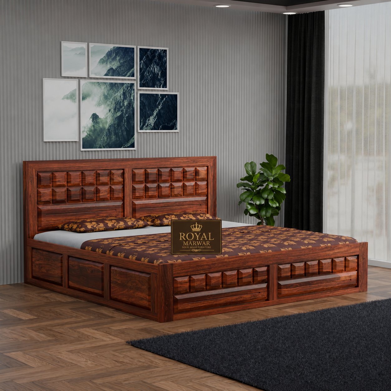 Royal Marwar Sheesham Wood Bed with Storage Box | Big Diamond Headboard Design | Wooden Double Bed for Bedroom