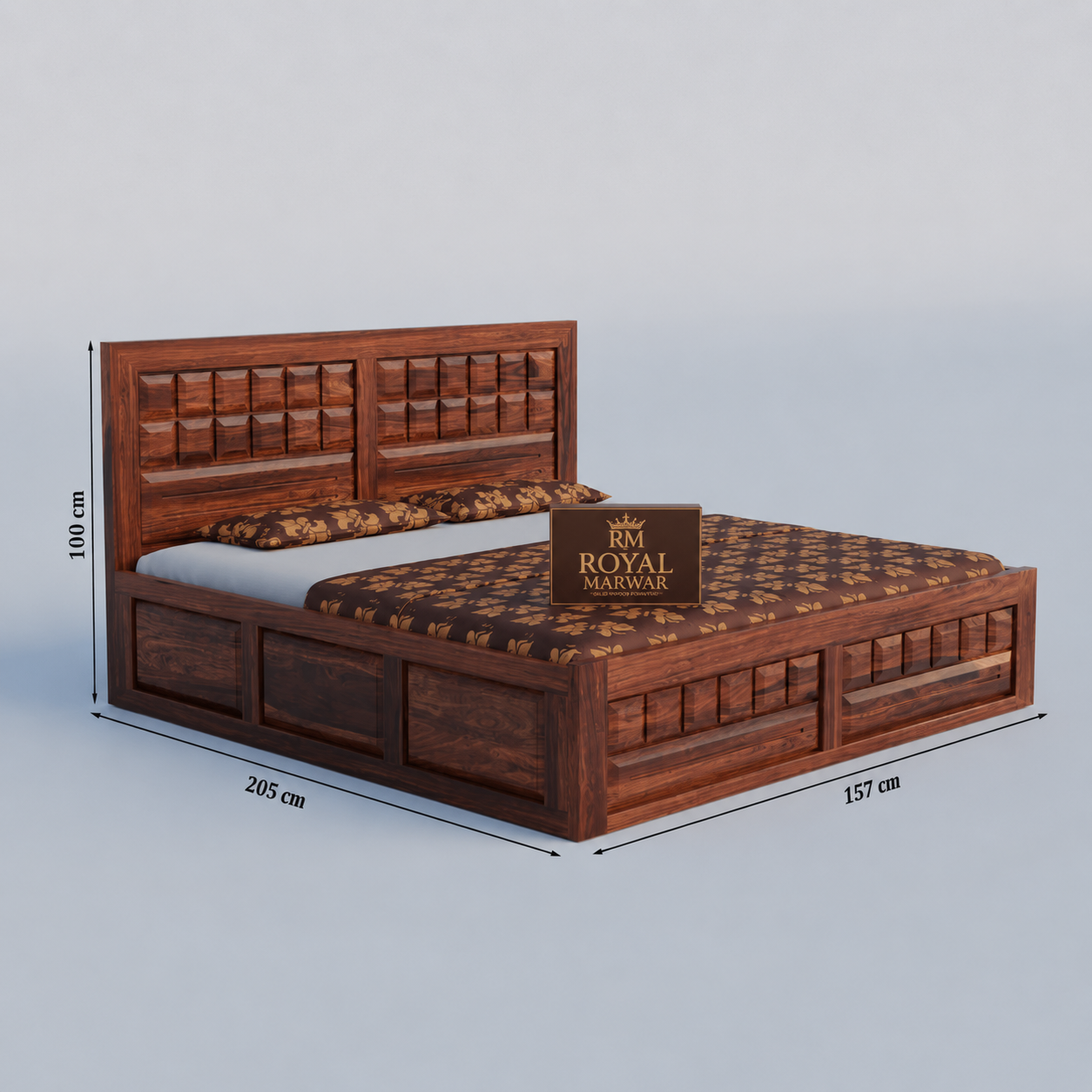 Royal Marwar Sheesham Wood Bed with Storage Box | Big Diamond Headboard Design | Wooden Double Bed for Bedroom