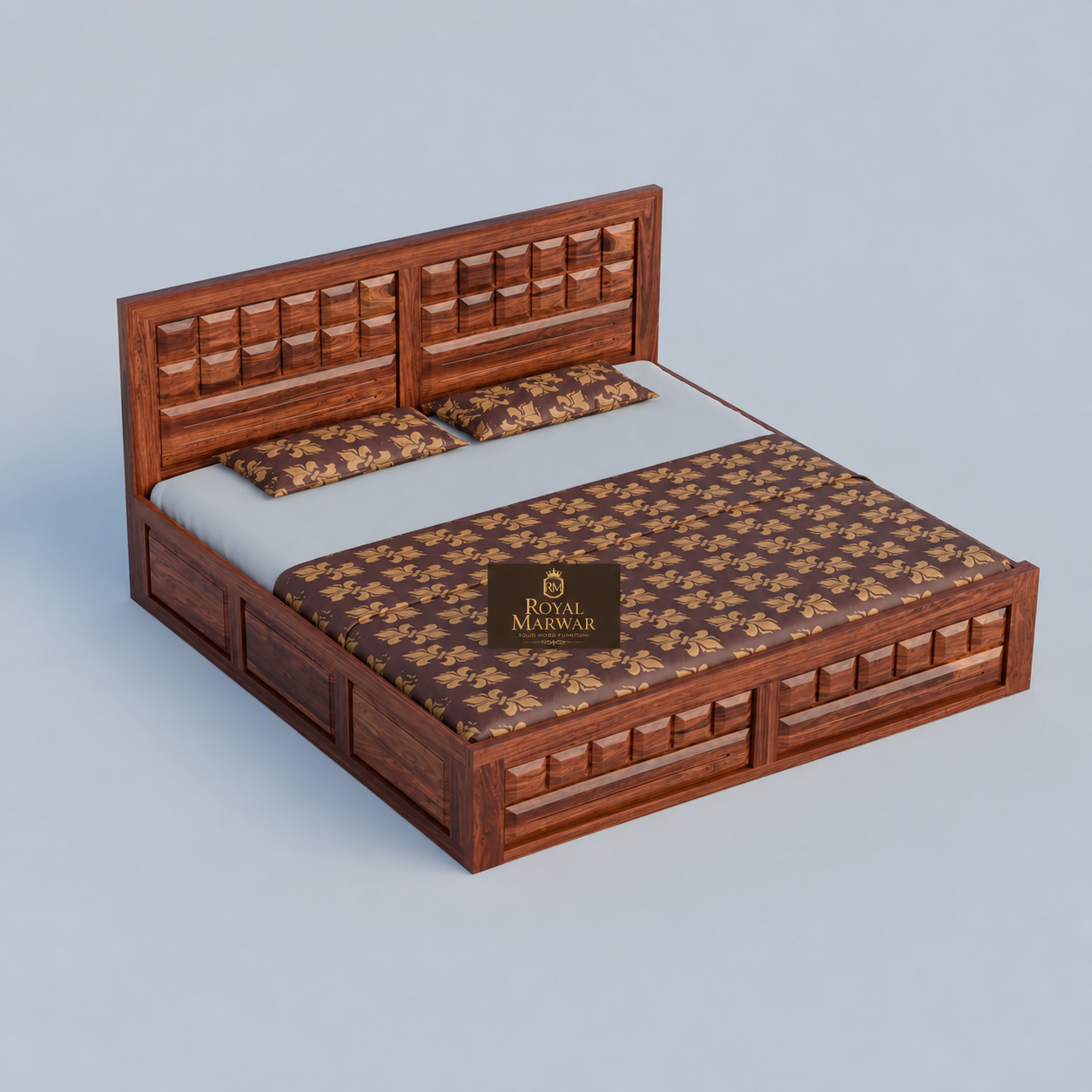 Premium Solid Wood King Size Bed with Artistic Geometric Panel Design & Modern Wooden Finish
