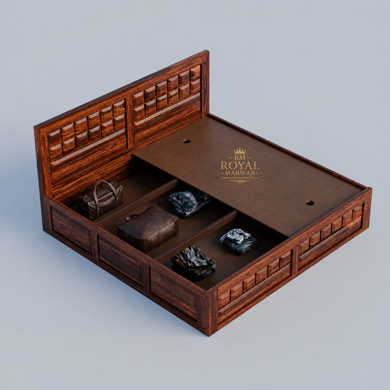 Royal Marwar Sheesham Wood Bed with Storage Box | Big Diamond Headboard Design | Wooden Double Bed for Bedroom