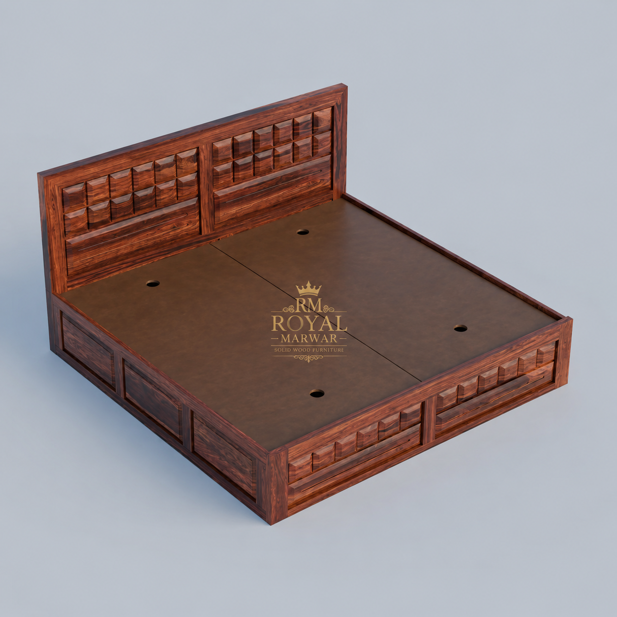 Premium Solid Wood King Size Bed with Artistic Geometric Panel Design & Modern Wooden Finish