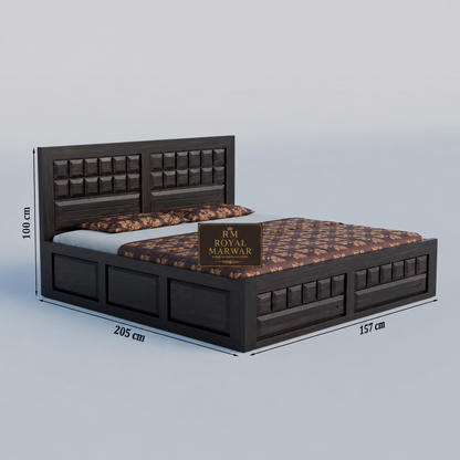 Royal Marwar Sheesham Wood Bed with Storage Box | Big Diamond Headboard Design | Wooden Double Bed for Bedroom