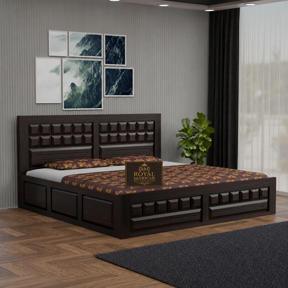 Royal Marwar Sheesham Wood Bed with Storage Box | Big Diamond Headboard Design | Wooden Double Bed for Bedroom
