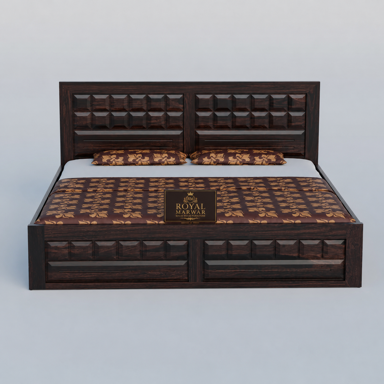 Premium Solid Wood King Size Bed with Artistic Geometric Panel Design & Modern Wooden Finish