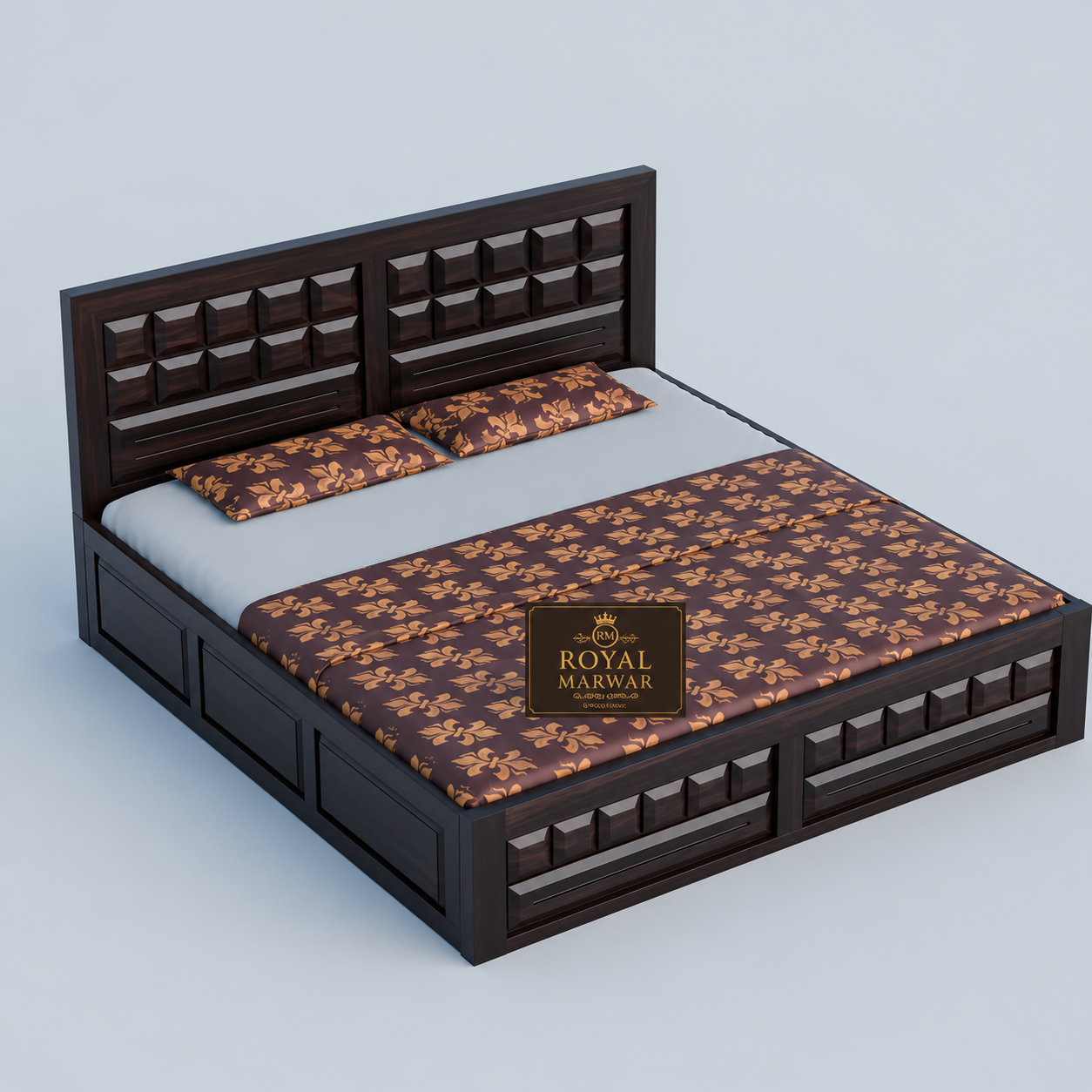 Premium Solid Wood King Size Bed with Artistic Geometric Panel Design & Modern Wooden Finish