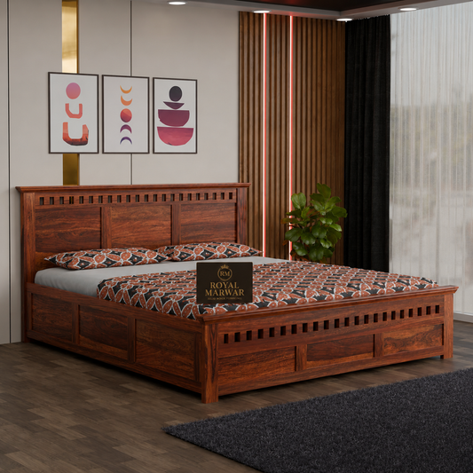 Royal Marwar Sheesham Wood Bed with Storage Box | Kuber Design Headboard | Wooden Double Bed for Bedroom