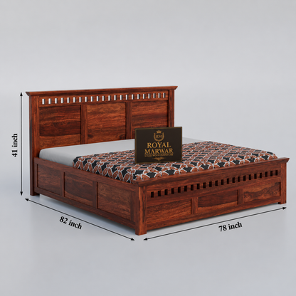 Royal Marwar Sheesham Wood Bed with Storage Box | Kuber Design Headboard | Wooden Double Bed for Bedroom