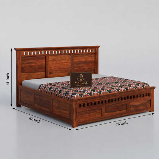 Royal Marwar Sheesham Wood Bed with Storage Box | Kuber Design Headboard | Wooden Double Bed for Bedroom