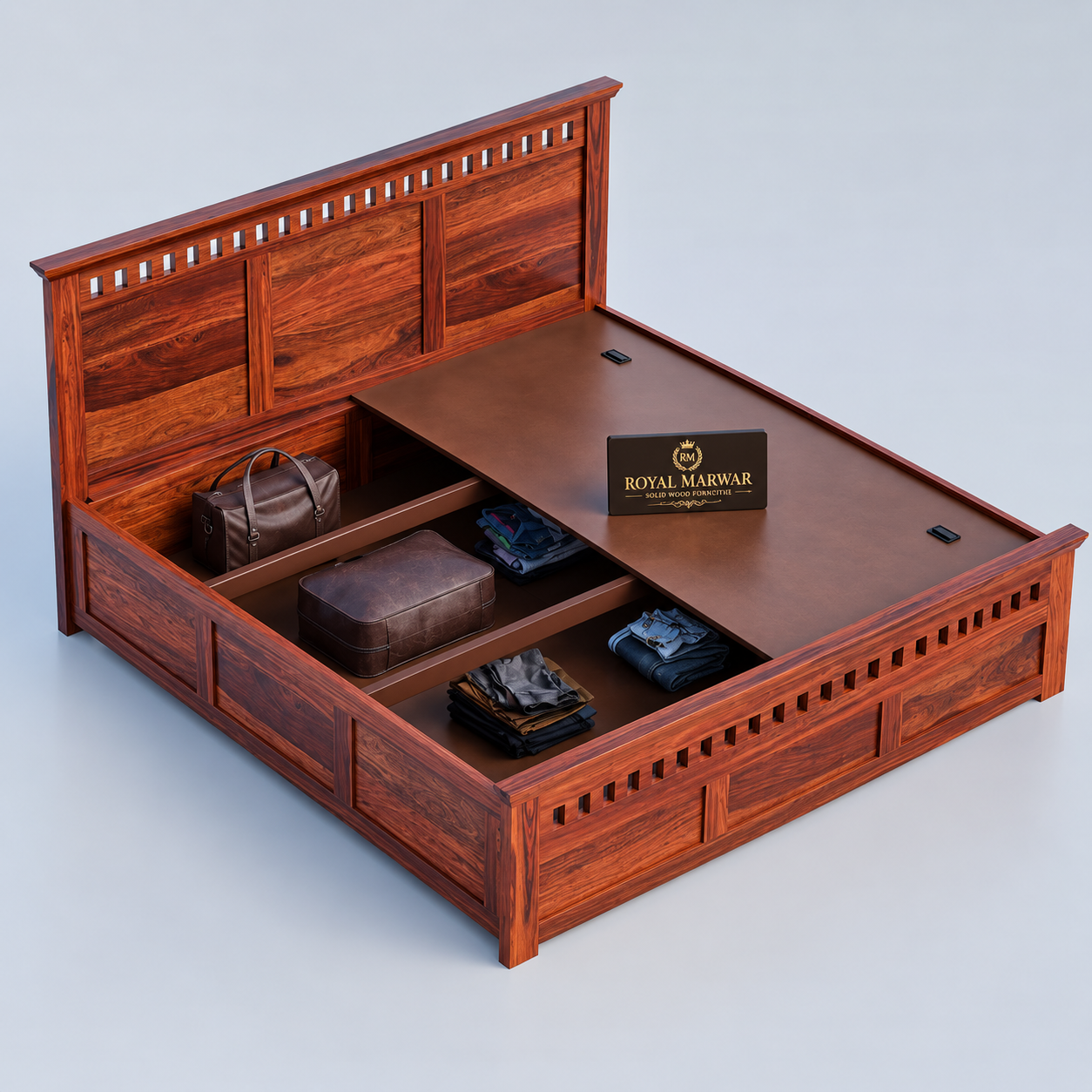 Royal Marwar Sheesham Wood Bed with Storage Box | Kuber Design Headboard | Wooden Double Bed for Bedroom