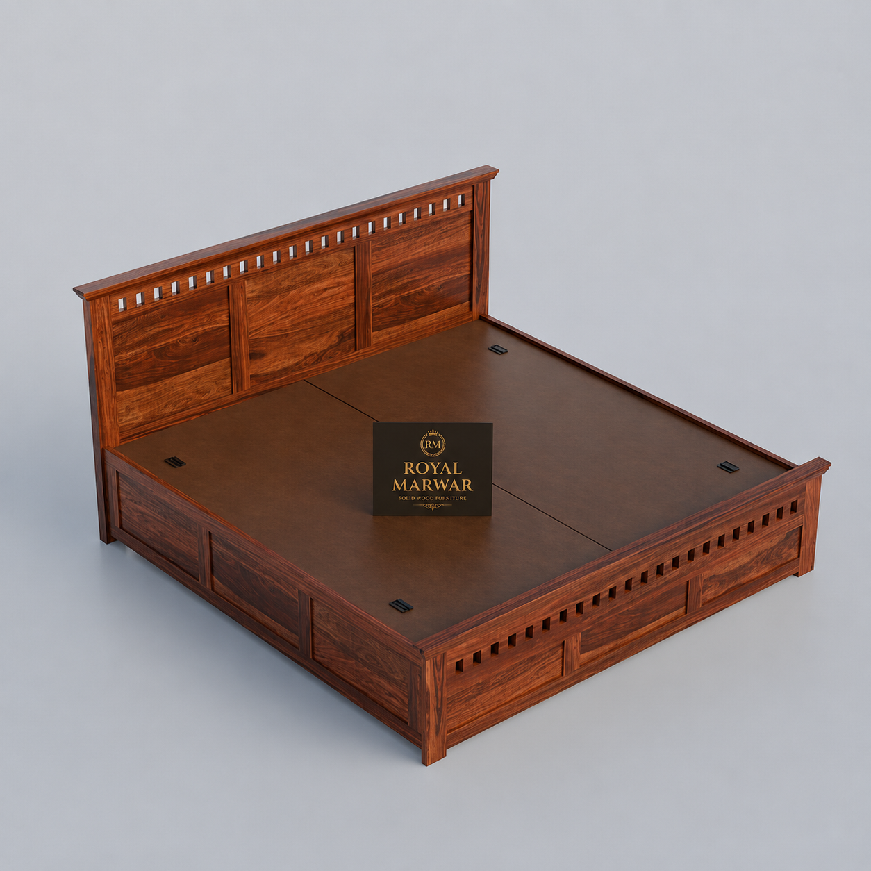 Royal Marwar Sheesham Wood Bed with Storage Box | Kuber Design Headboard | Wooden Double Bed for Bedroom