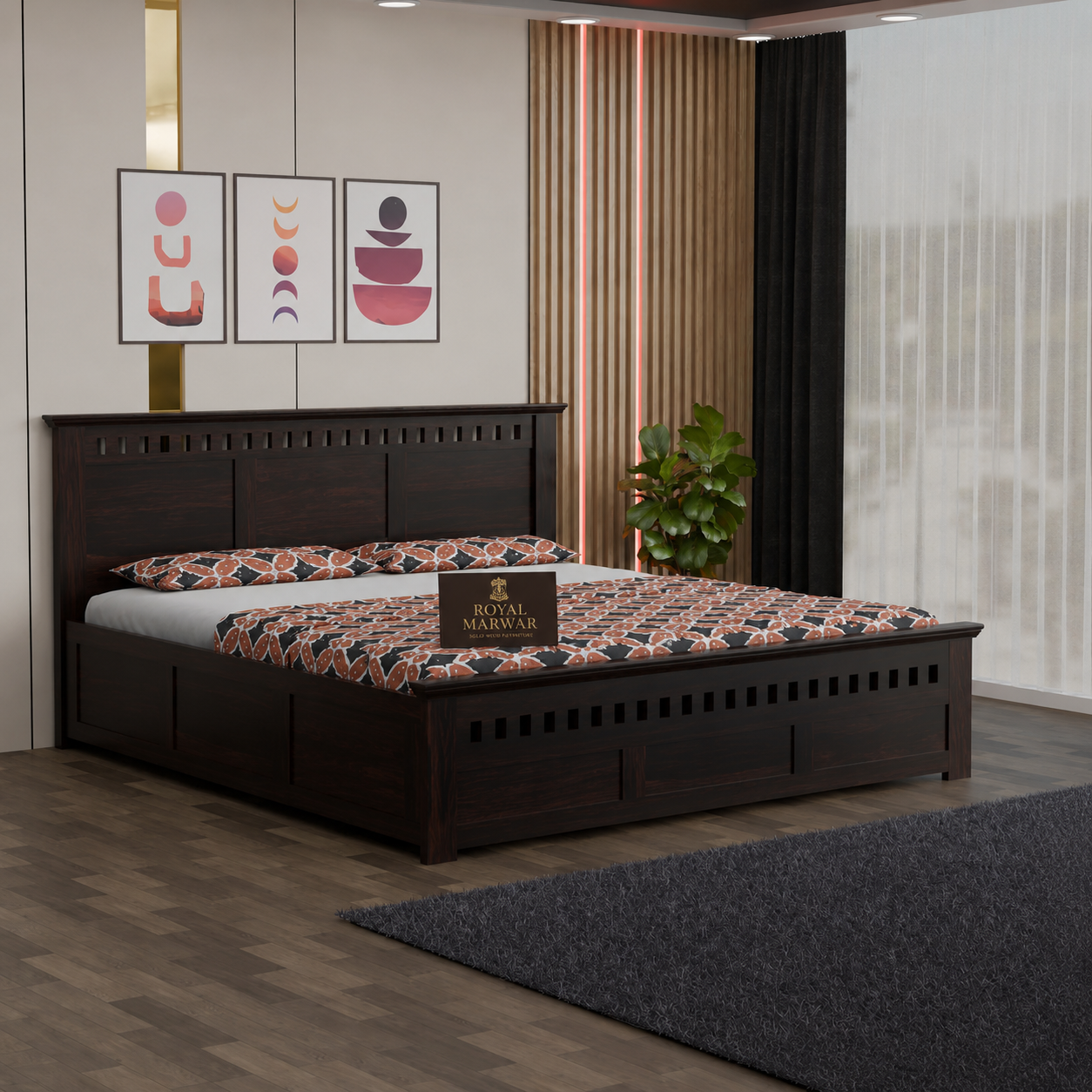Premium Solid Wood King Size Bed with Elegant Panel Detailing & Contemporary Wooden Finish