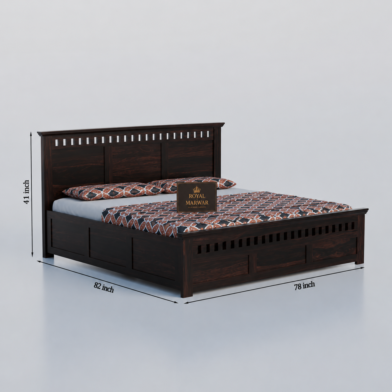 Royal Marwar Sheesham Wood Bed with Storage Box | Kuber Design Headboard | Wooden Double Bed for Bedroom