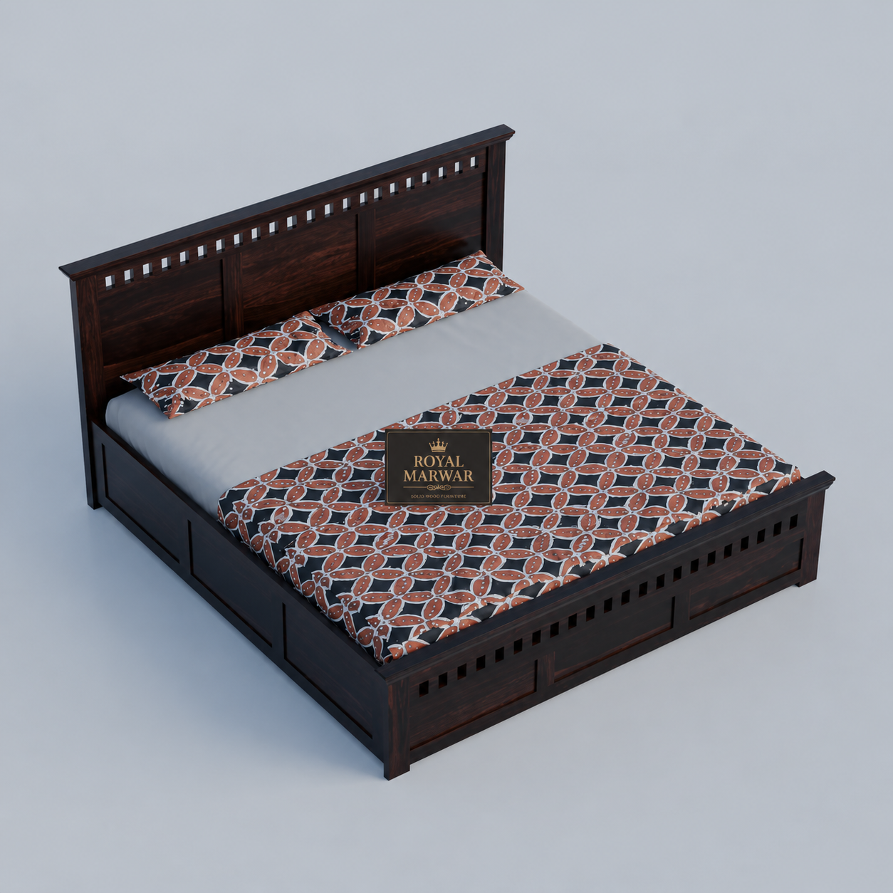 Royal Marwar Sheesham Wood Bed with Storage Box | Kuber Design Headboard | Wooden Double Bed for Bedroom