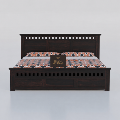 Royal Marwar Sheesham Wood Bed with Storage Box | Kuber Design Headboard | Wooden Double Bed for Bedroom