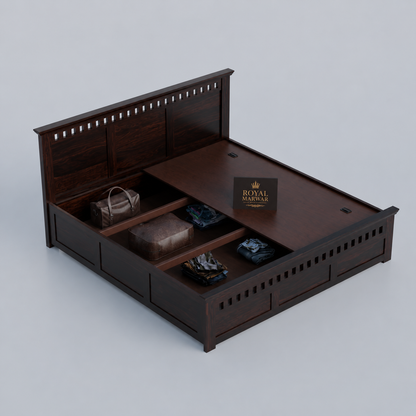 Royal Marwar Sheesham Wood Bed with Storage Box | Kuber Design Headboard | Wooden Double Bed for Bedroom