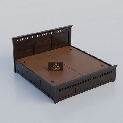 Royal Marwar Sheesham Wood Bed with Storage Box | Kuber Design Headboard | Wooden Double Bed for Bedroom