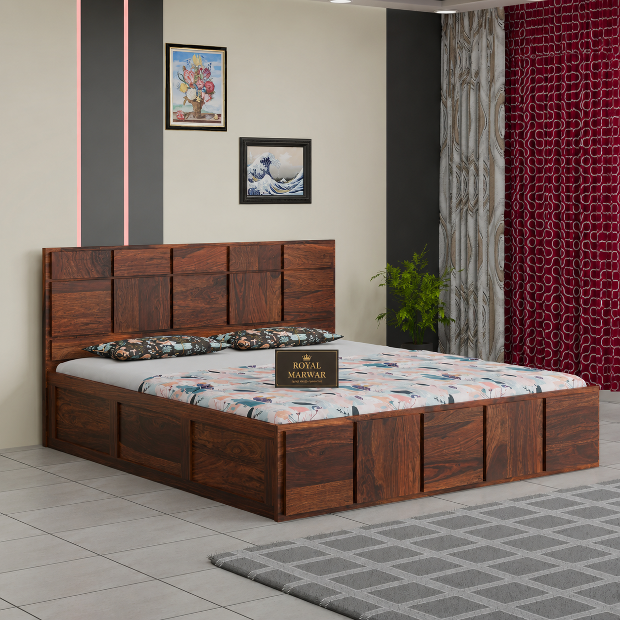 Premium Solid Wood King Size Bed with Modern Panel Detailing & Contemporary Wooden Finish