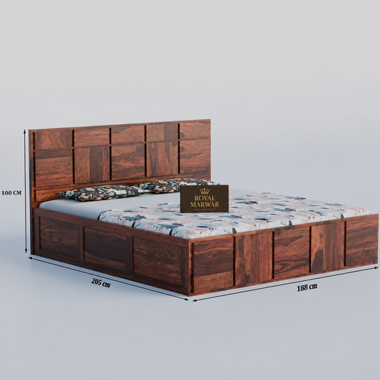 Royal Marwar Sheesham Wood Bed with Storage Box | Plain Panel Design | Wooden Double Bed for Bedroom