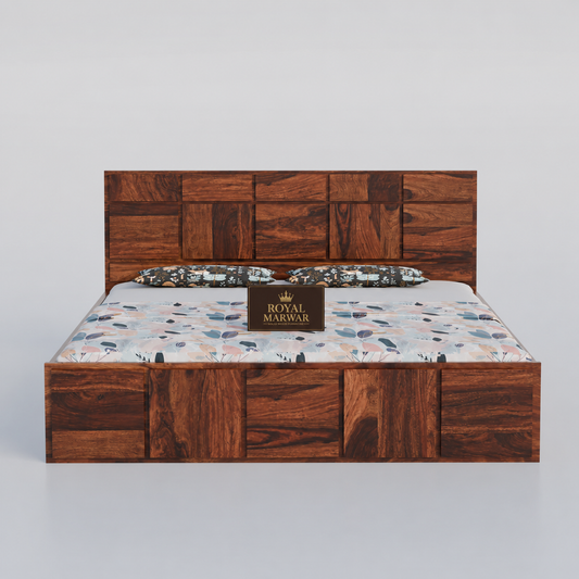 Royal Marwar Sheesham Wood Bed with Storage Box | Plain Panel Design | Wooden Double Bed for Bedroom
