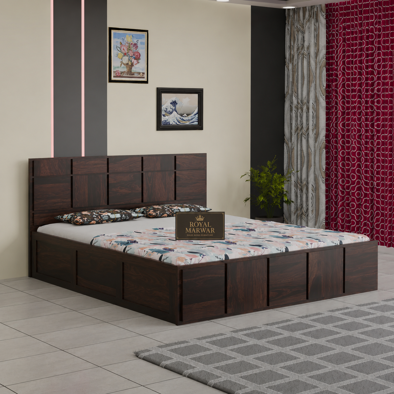 Royal Marwar Sheesham Wood Bed with Storage Box | Plain Panel Design | Wooden Double Bed for Bedroom