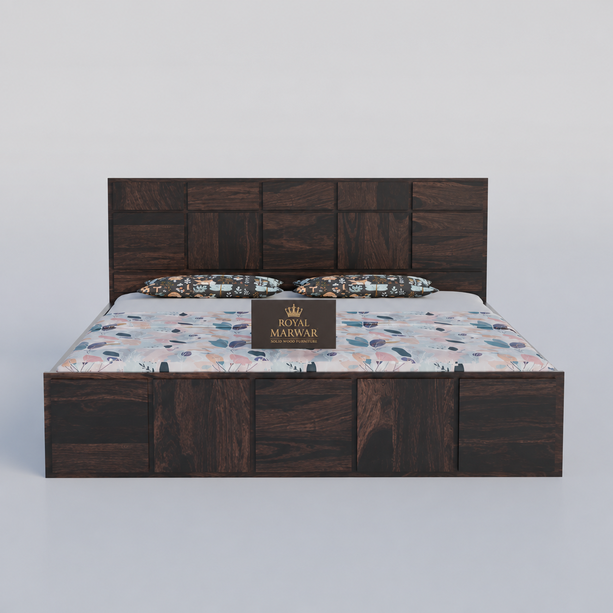 Royal Marwar Sheesham Wood Bed with Storage Box | Plain Panel Design | Wooden Double Bed for Bedroom